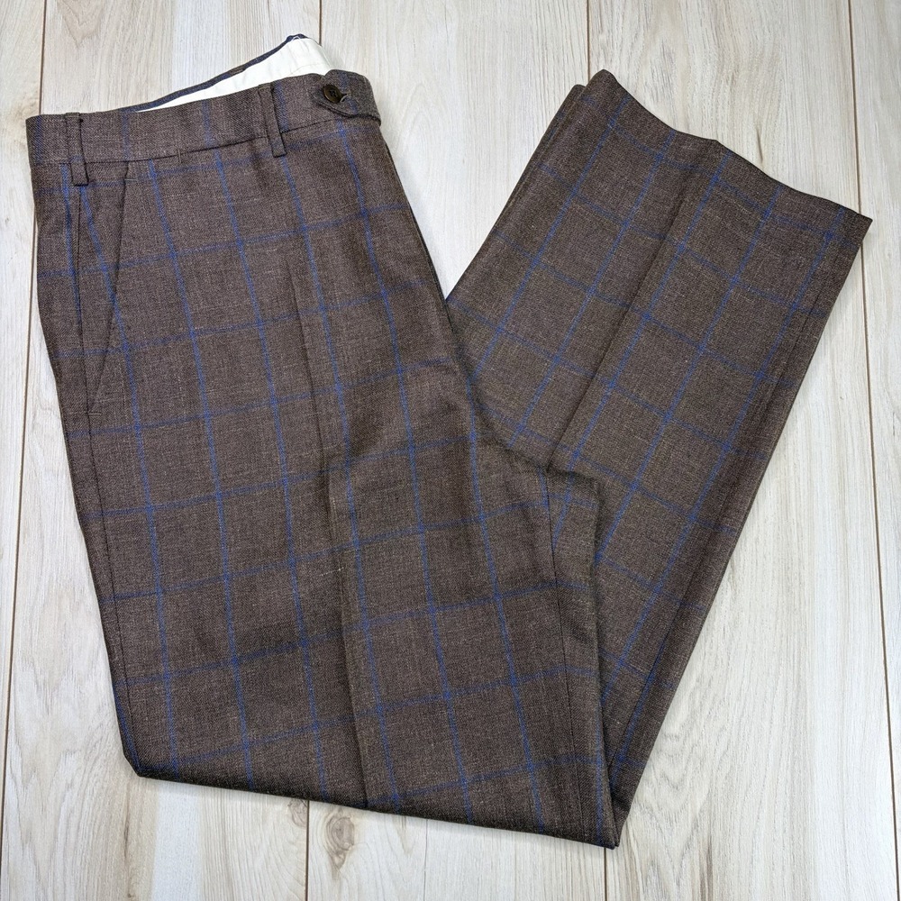 Saint Andrews Silk Linen Wool Windowpane Dress Pants Trousers Mens 39x30 Brown